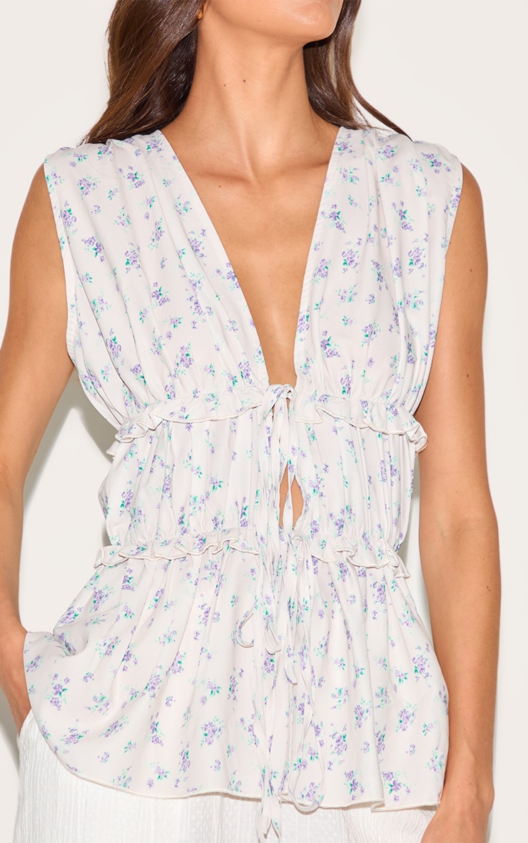 Cream Floral Chiffon Tie Front Top image 4
