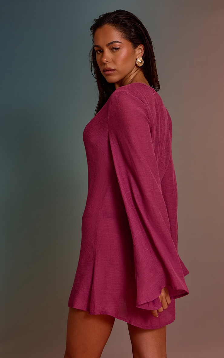 Magenta Linen Look O-ring Flute Sleeve Beach Dress image 2