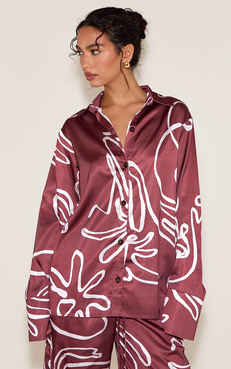 Brown Printed Oversized Satin Button Up Shirt image 1