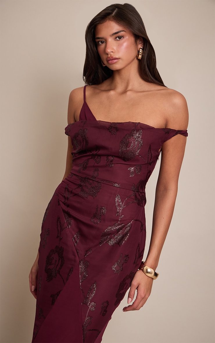 Wine Textured Bardot Godet Maxi Dress image 4