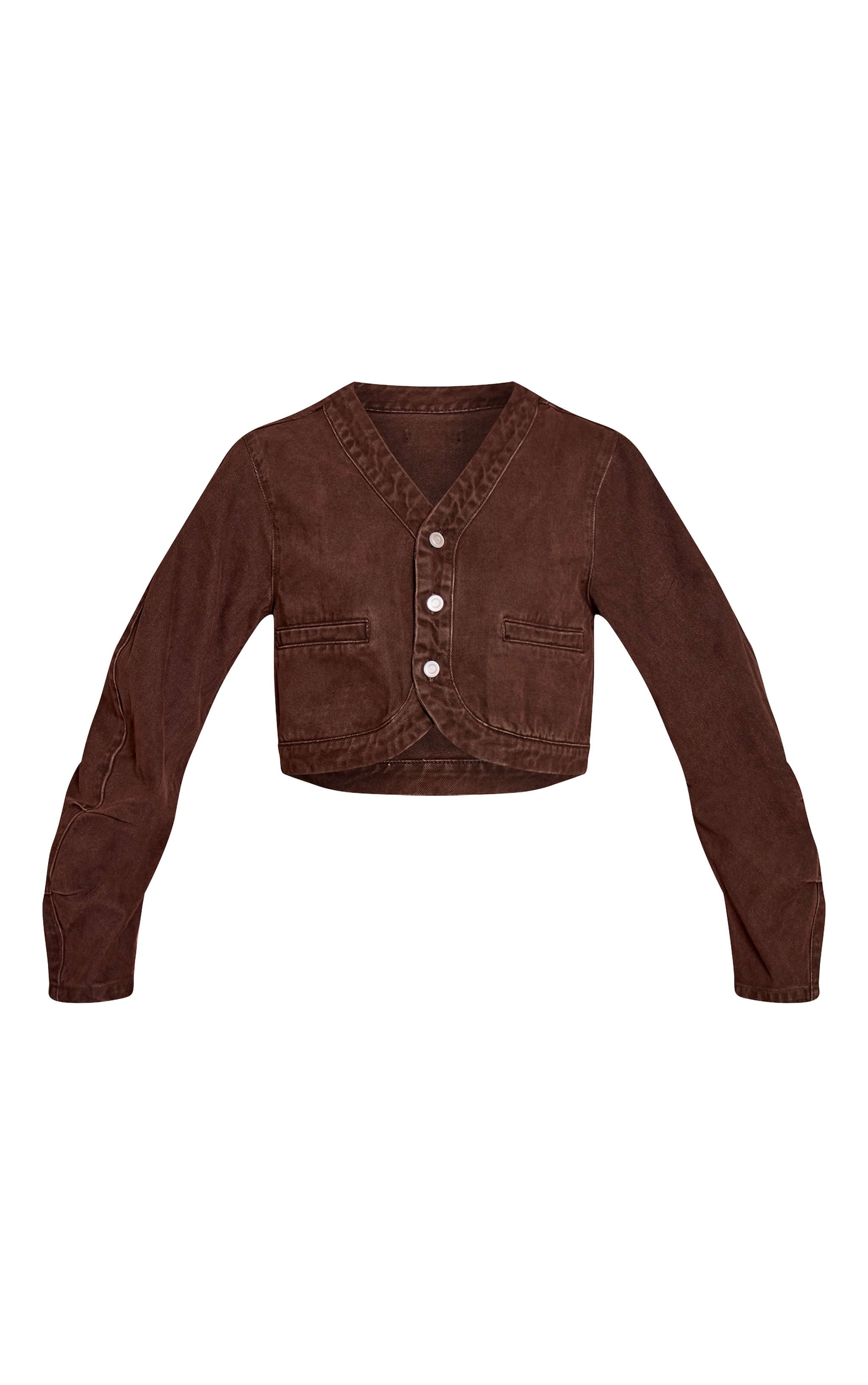 Veste courte en jean chocolat à col en V et ourlet incurvé image 5