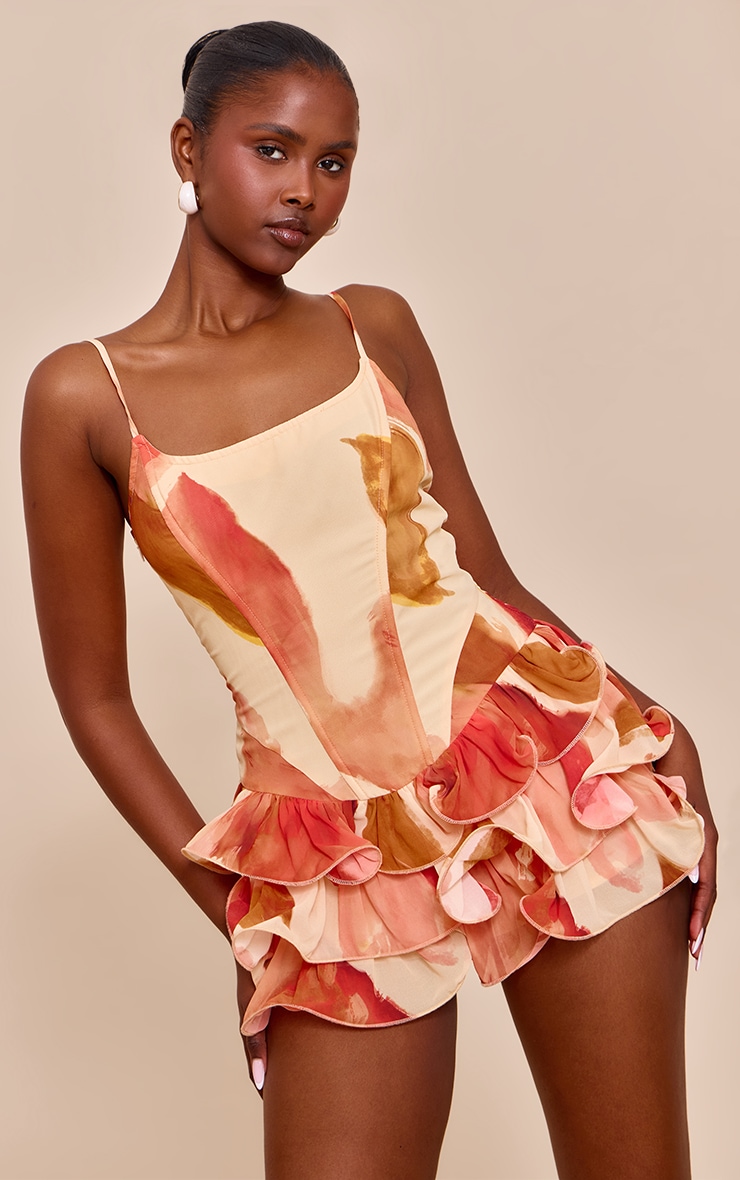Pink Floral Chiffon Strappy Frill Detail Playsuit image 1