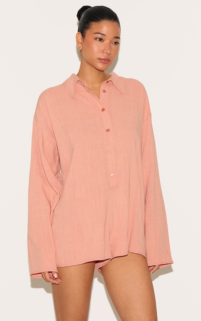 Combishort fluide en effet lin pêche à détail chemise