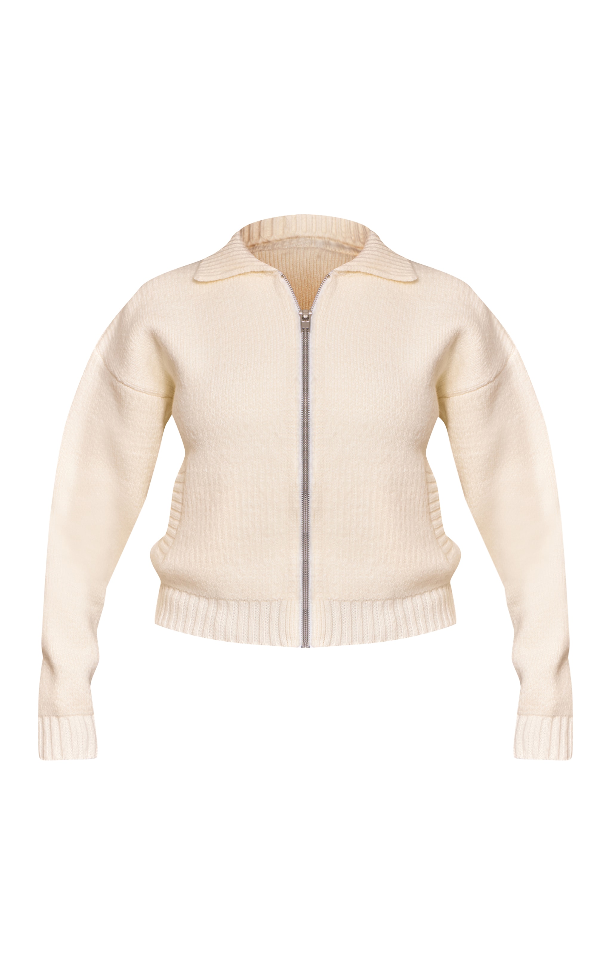Petite Cream Knitted Zip Up Bomber Jacket image 5