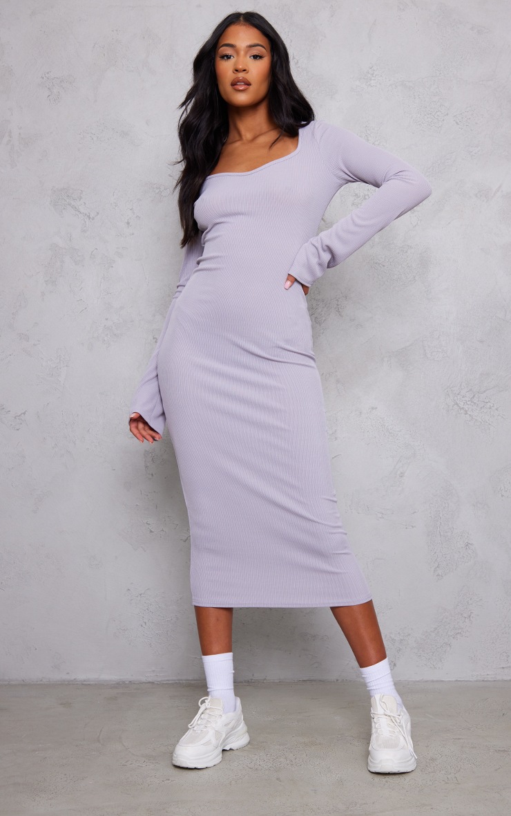 Tall Moss Grey Ribbed Midaxi Dress image 3