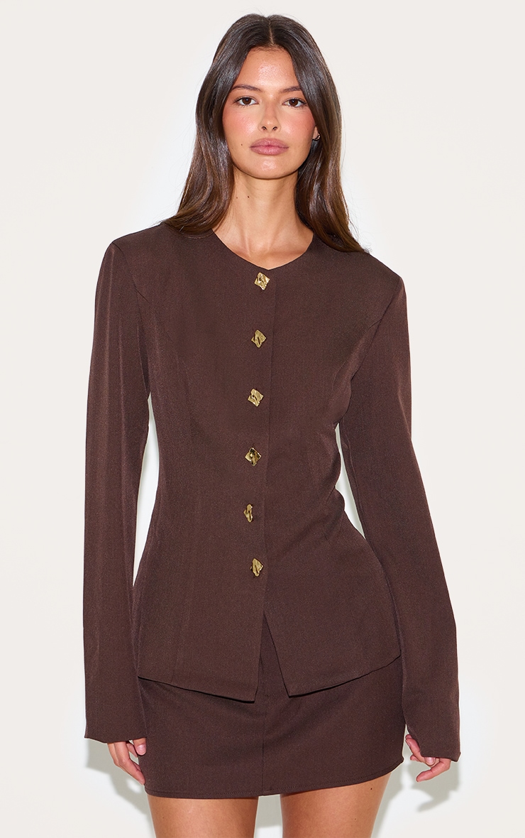 Deep Chocolate Gold Trim Cinched Waist Blazer image 1