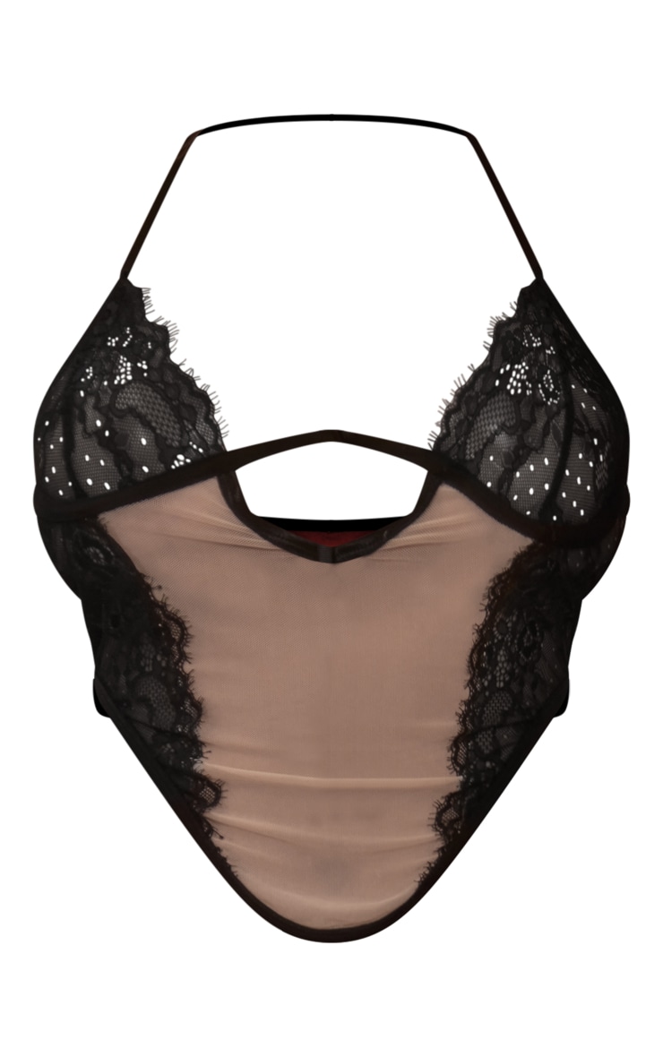 Plus Black and Nude Lace Panel Detail Underwired Bralette image 1