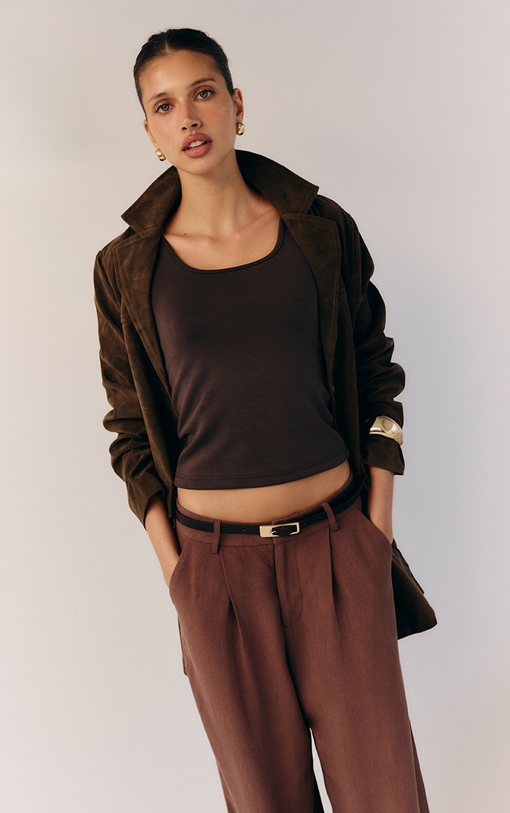 Dark Brown Oversized Longline Faux Suede Blazer Coat image 2