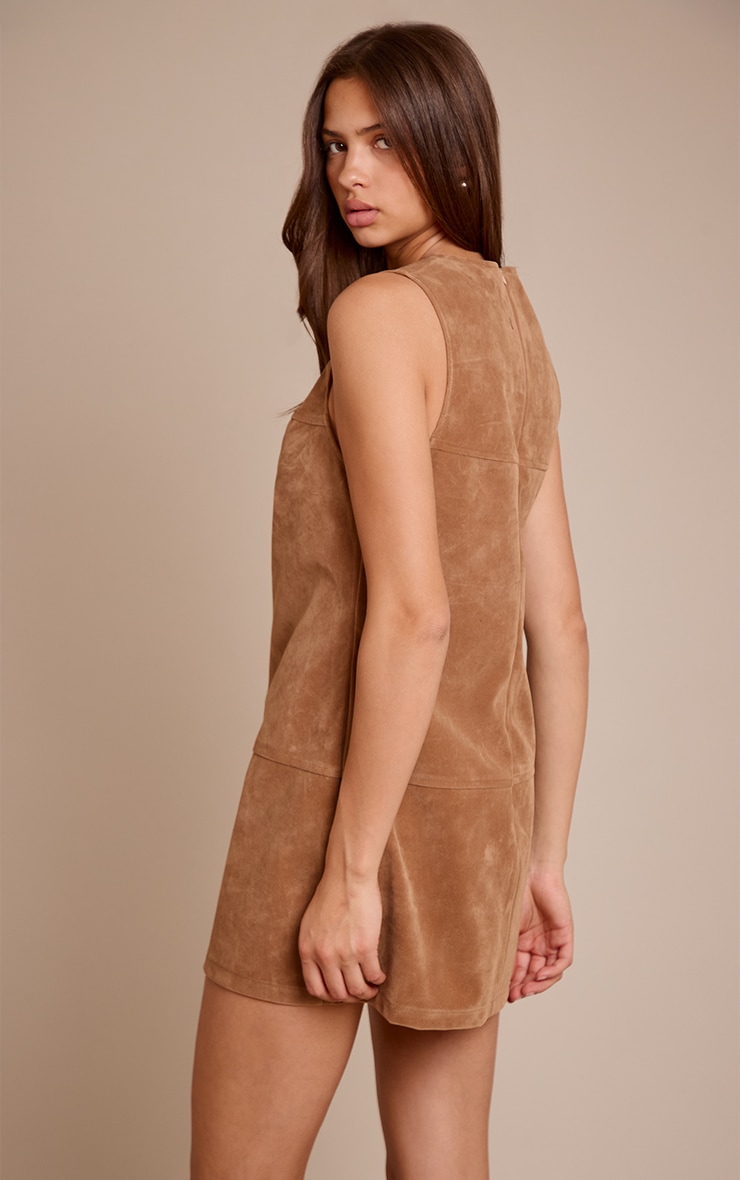 Tan Structured Faux Suede Seam Detail Sleeveless Shift Dress image 2