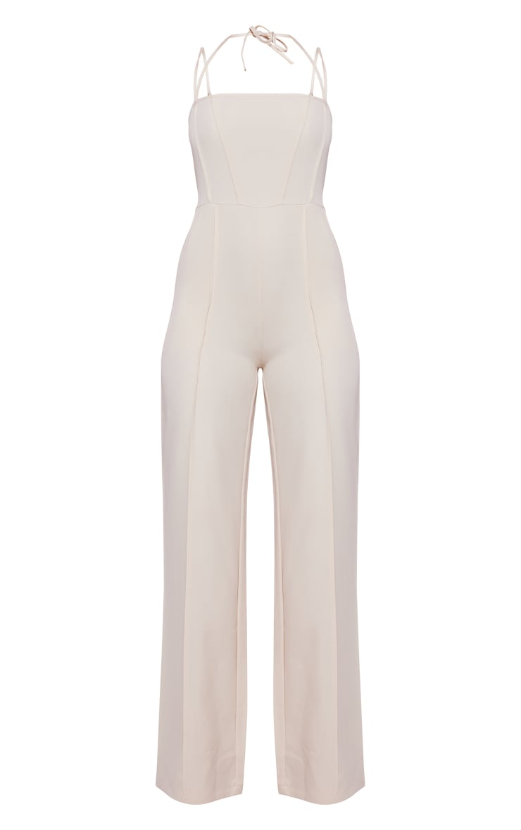Cream Satin Boning Halter Tie Strappy Jumpsuit PrettyLittleThing USA