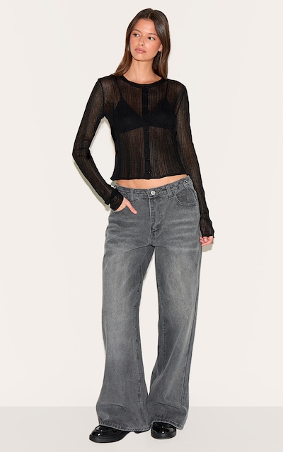 Washed Grey Button Detail Wide Leg Jeans