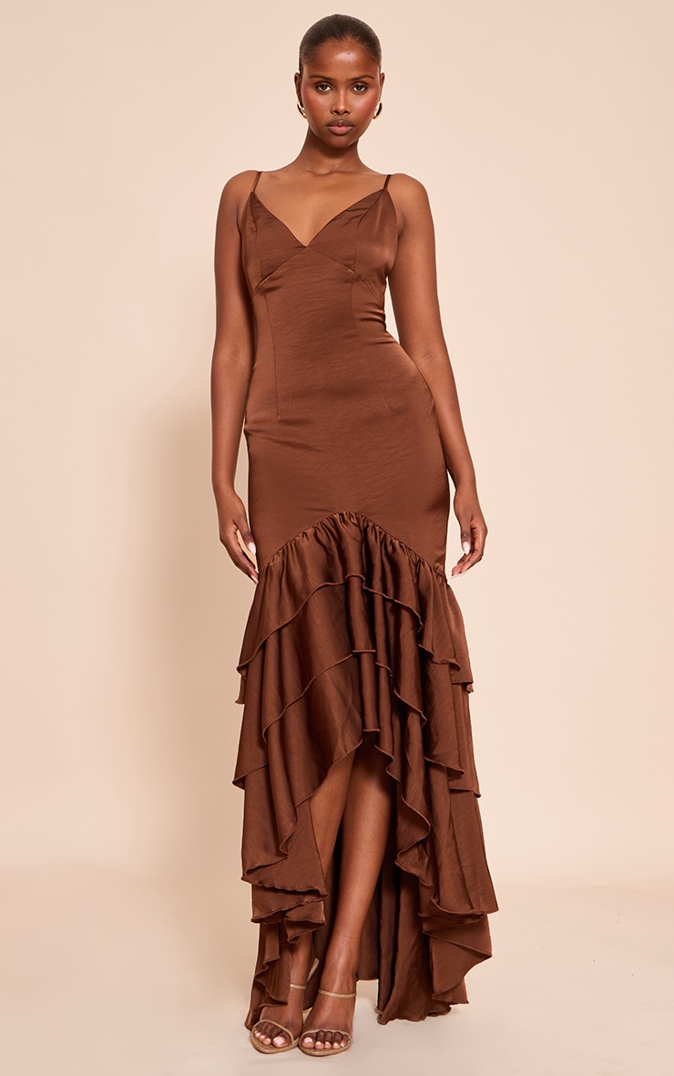 Chocolate Satin Plunge Extreme Frill Hem Maxi Dress image 3