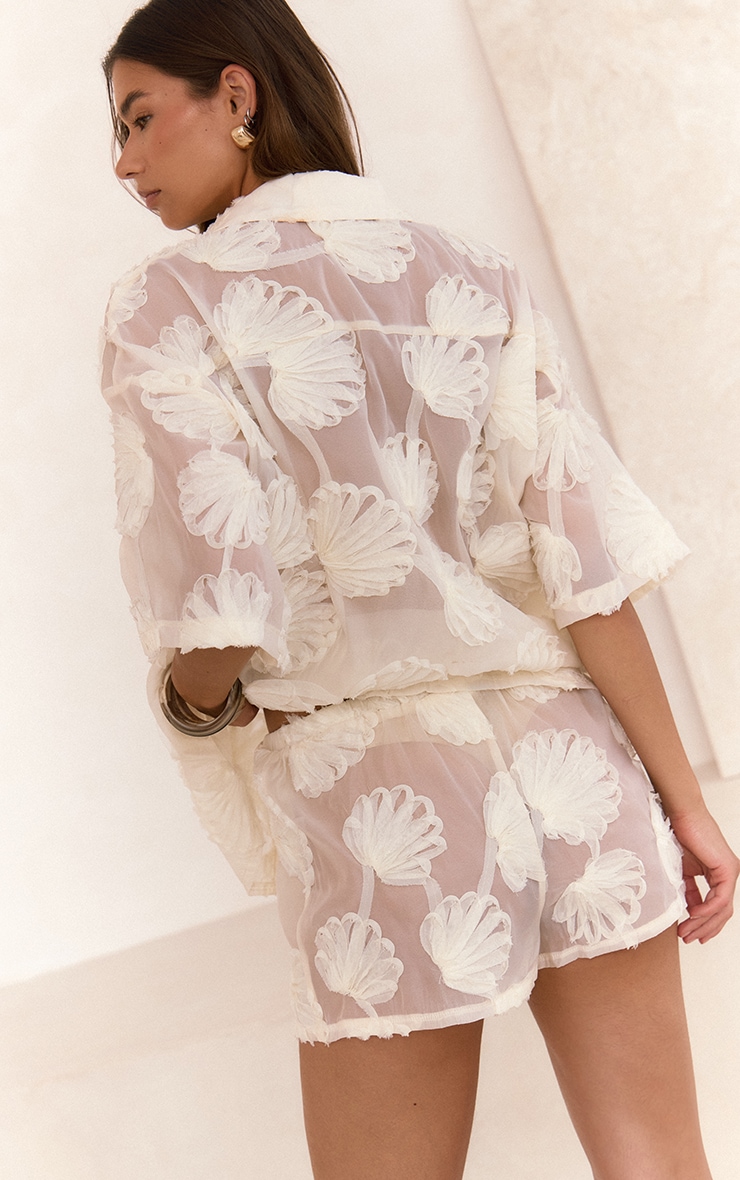 Cream Sheer Woven Shell Embroidered Shorts image 3