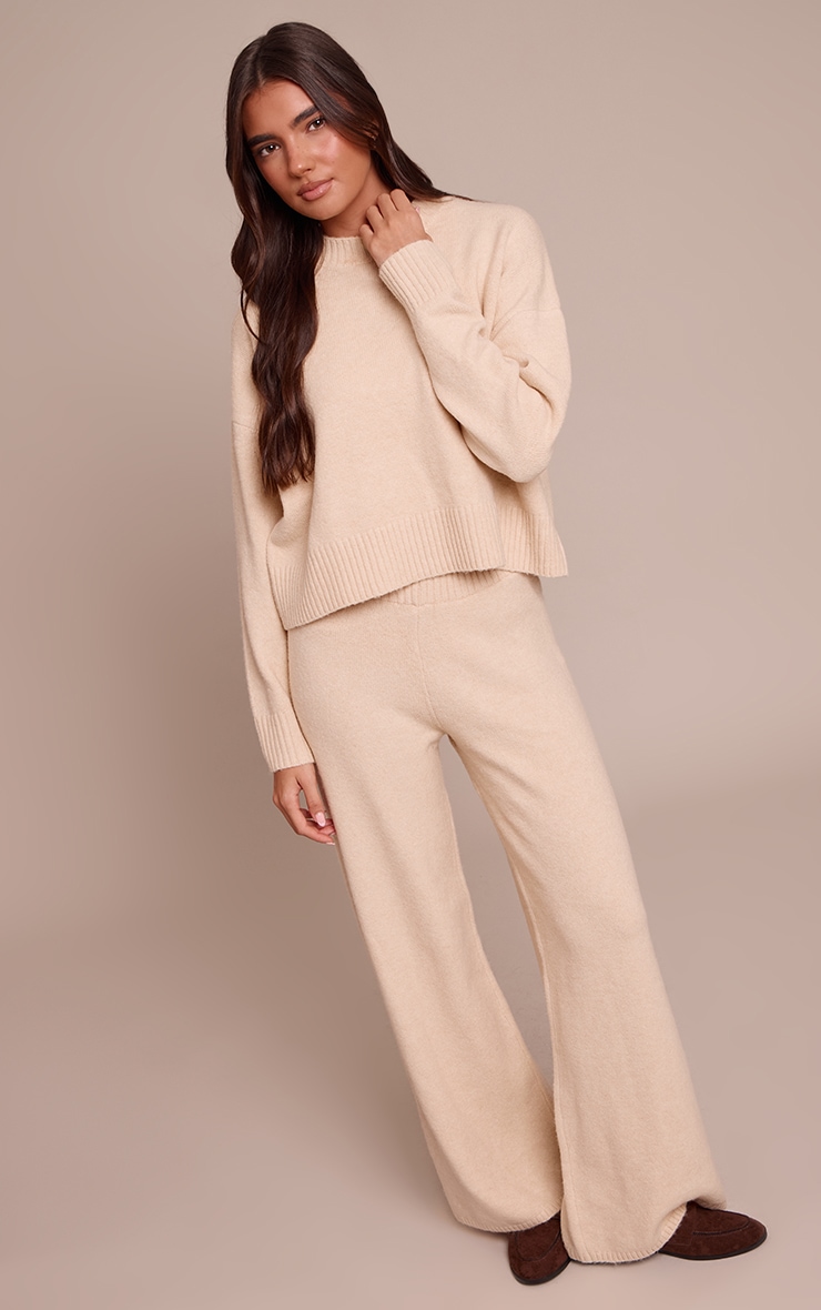Pantalon large maille tricot beige image 1
