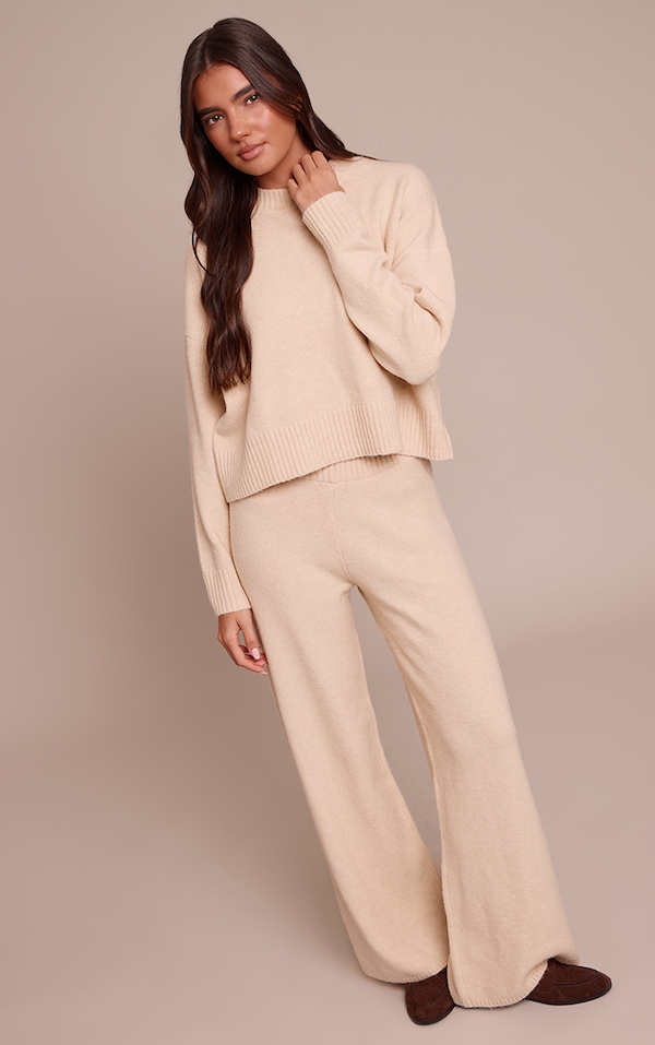 Pantalon large maille tricot beige