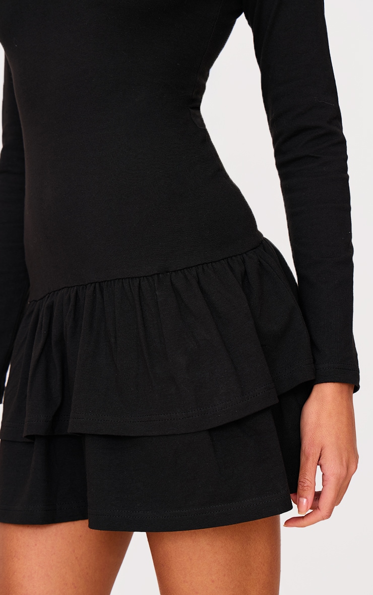 Black Cotton Long Sleeve Tiered Shift Dress image 4