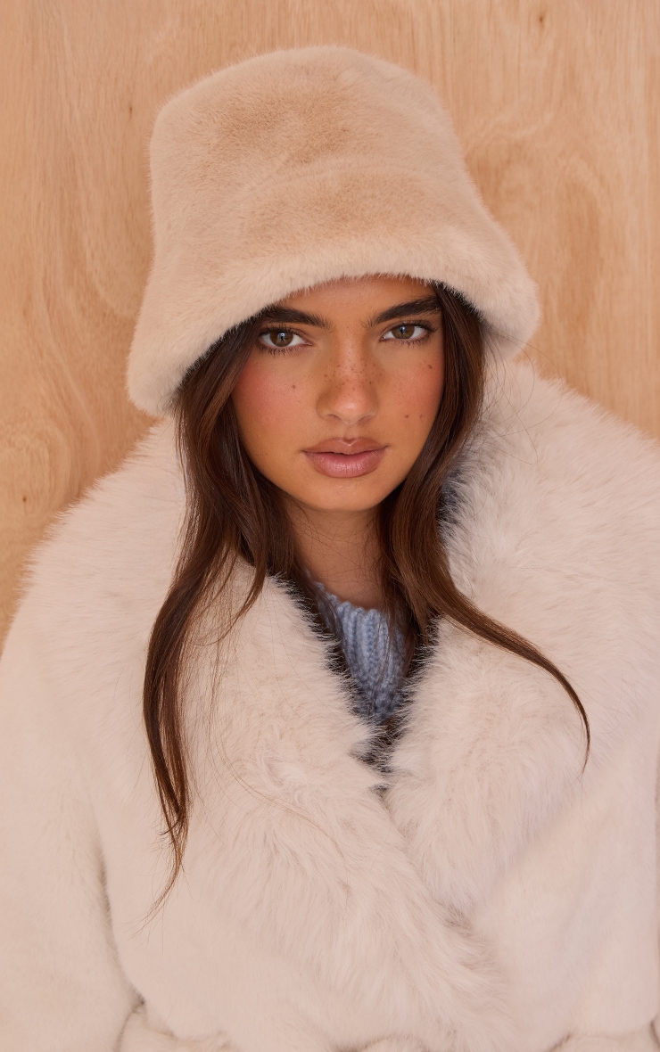 Beige Faux Fur Bucket Hats image 1