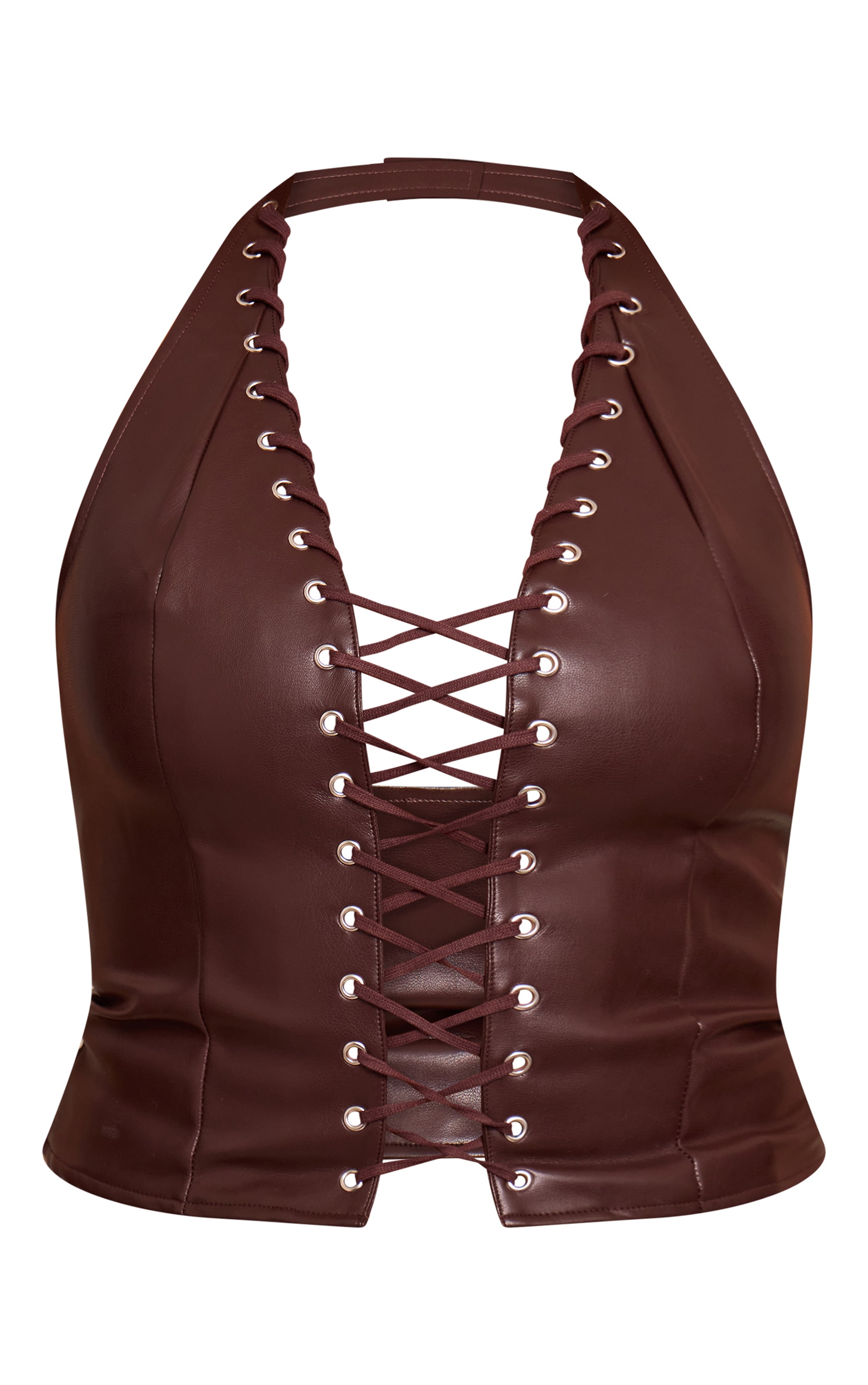 Shape Chocolate Faux Leather Halter Neck Lace Up Corset image 5