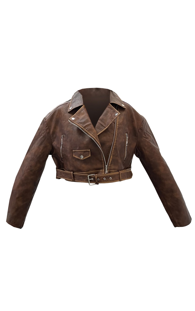 Brown Mottled Texture Faux Leather Belted Hem Biker Jacket image 5