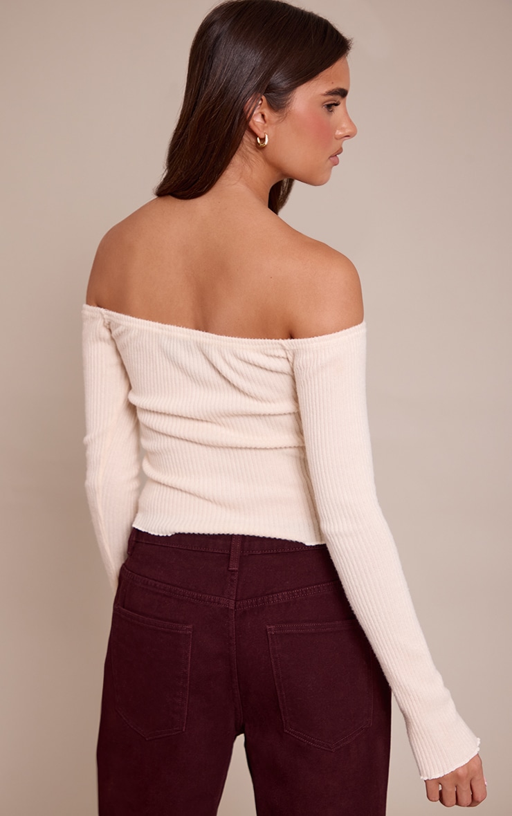 Cream Brushed Rib Bardot Fitted Long Sleeve Top image 2