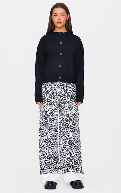 White And Black Leopard Print Turn Up Hem Wide Leg Jeans