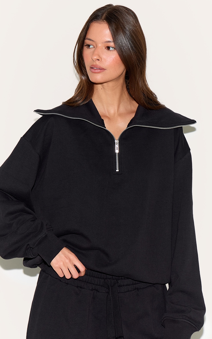 Sweat deluxe noir doublé en polaire à col replié et quart de zip image 4