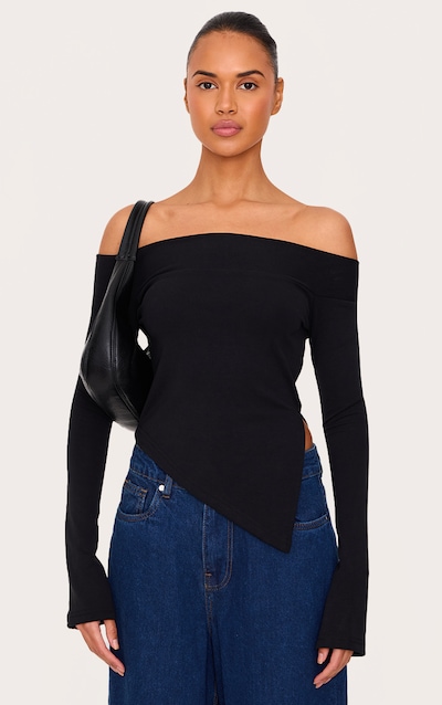 Top doux deluxe noir à col bardot replié asymétrique