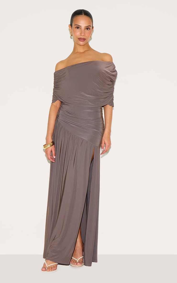 Petite Taupe Double Layer Slinky Bardot One Shoulder Ruched Maxi Dress image 1