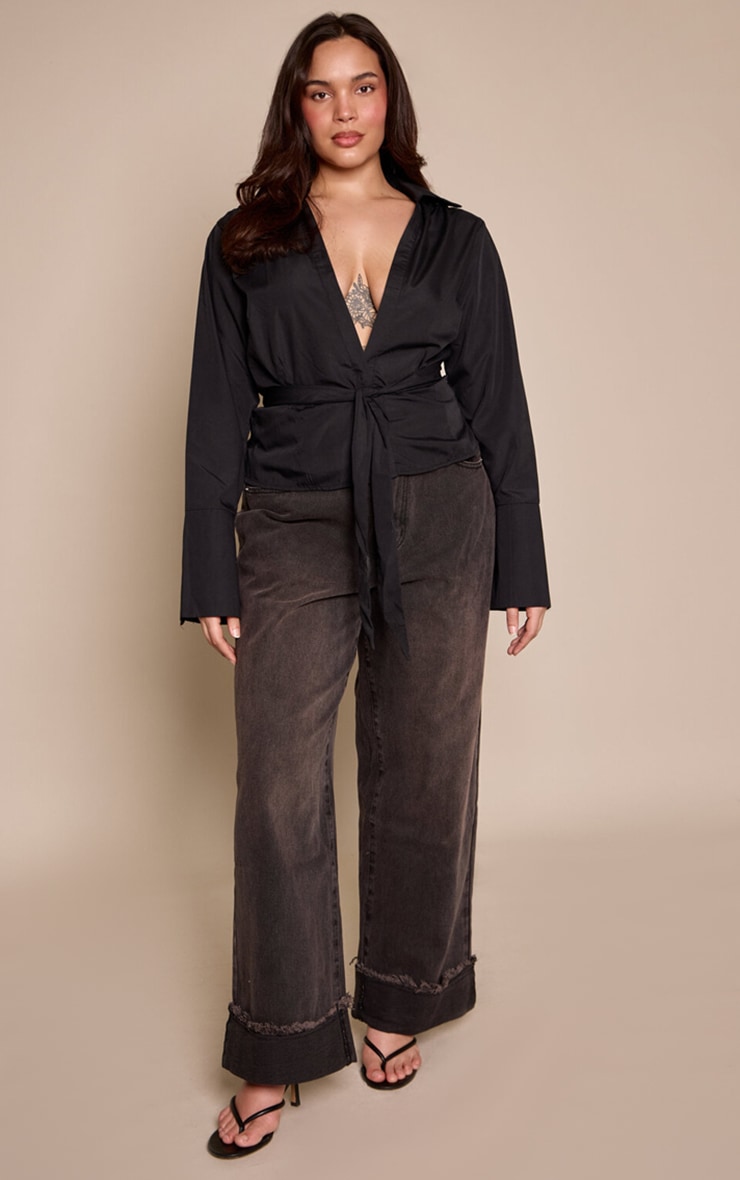 Plus Plus Washed Black Turn Up Wide Leg Jeans