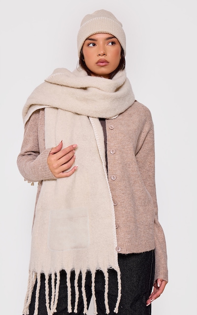 Oatmeal Pocket Stitch Detail Tassel Scarf
