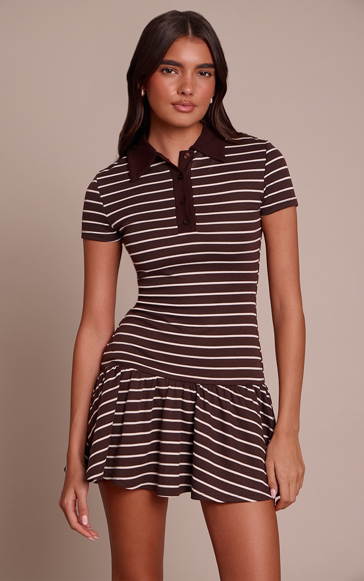 Chocolate Striped Collar Detail Shift Dress image 1