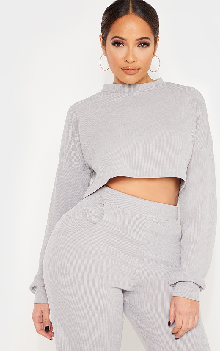 Shape Grey Marl Ribbed Long Sleeve Extreme Crop Top