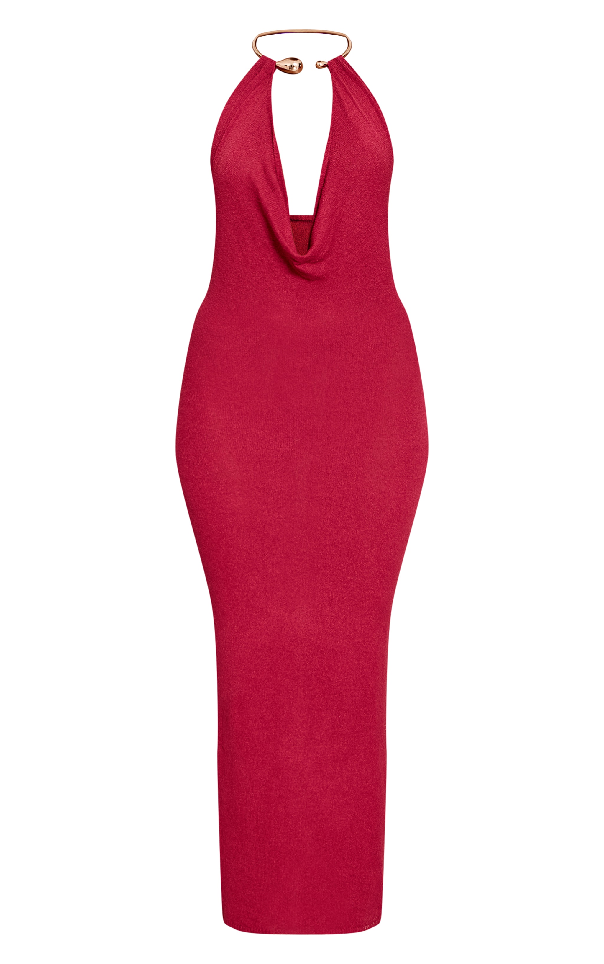 Robe longue en maille tricot bordeaux à empiècement collier doré image 5