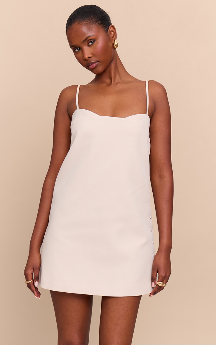 Natural Woven Side Button Detail Mini A-line Dress image 1