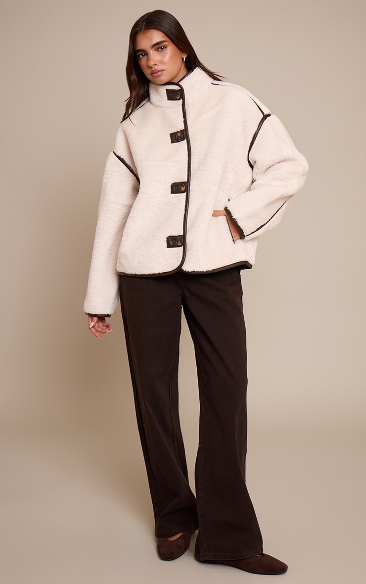 Cream Borg Faux Leather Contrast Coat image 3