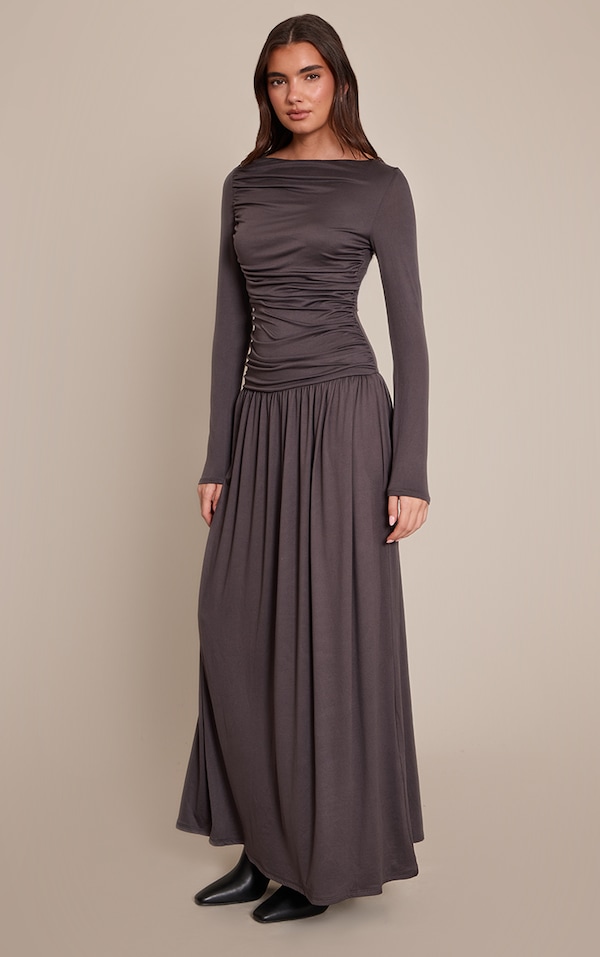 Charcoal Soft Touch Jersey Ruched Long Sleeve Maxi Dress