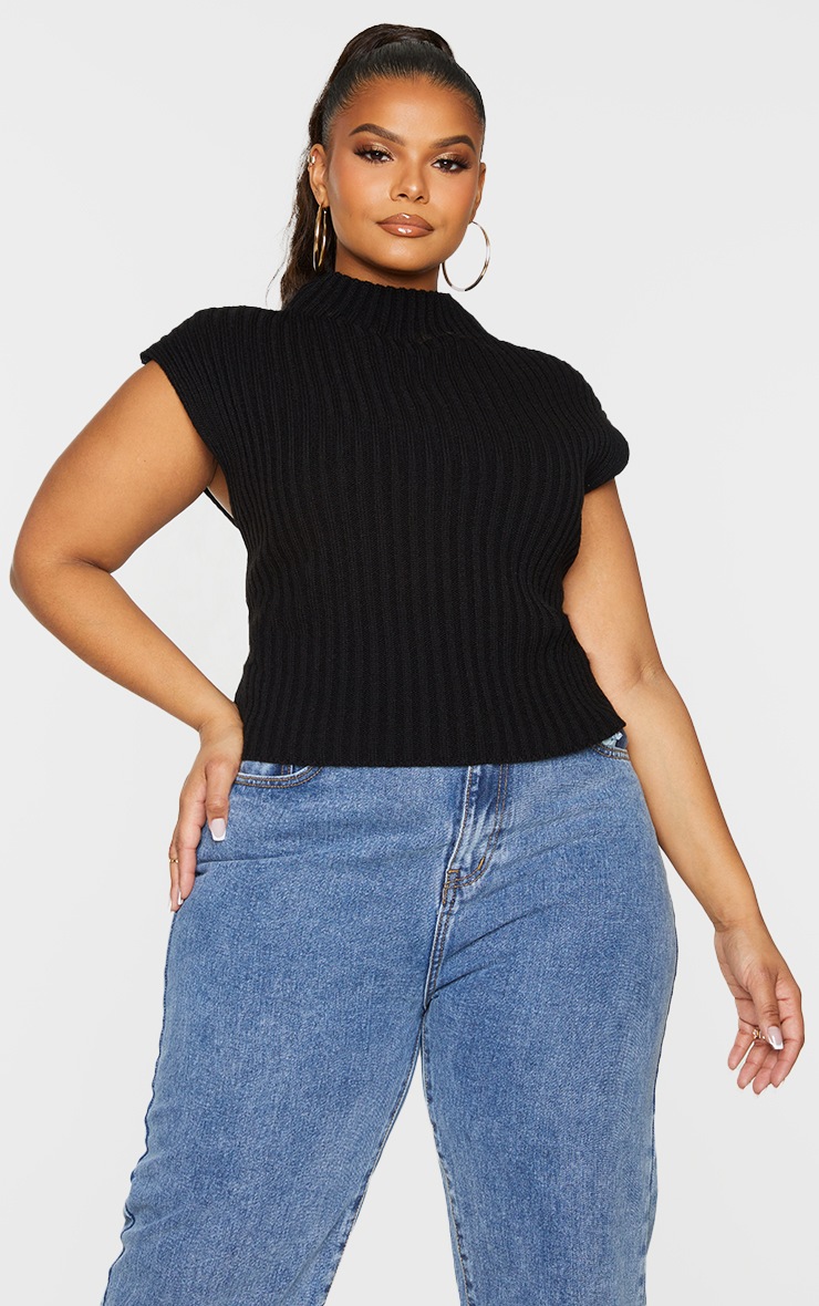 Plus Black High Neck Knitted Vest