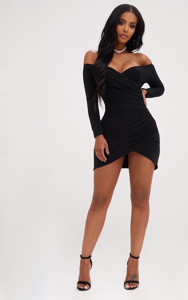 Shape Black Ruched Bardot Bodycon Dress image 3