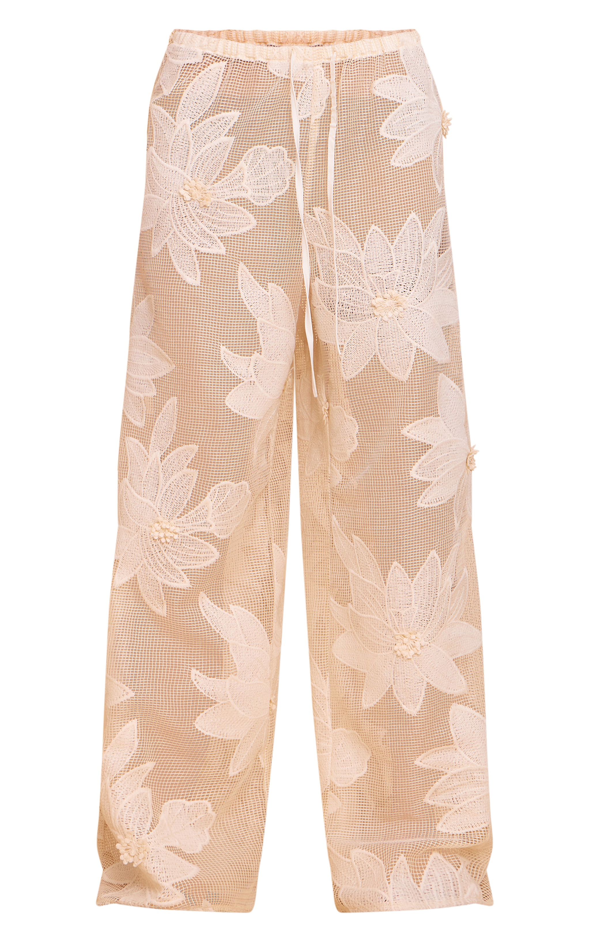 Beige Textured Flower Detail Wide Leg Pants image 5