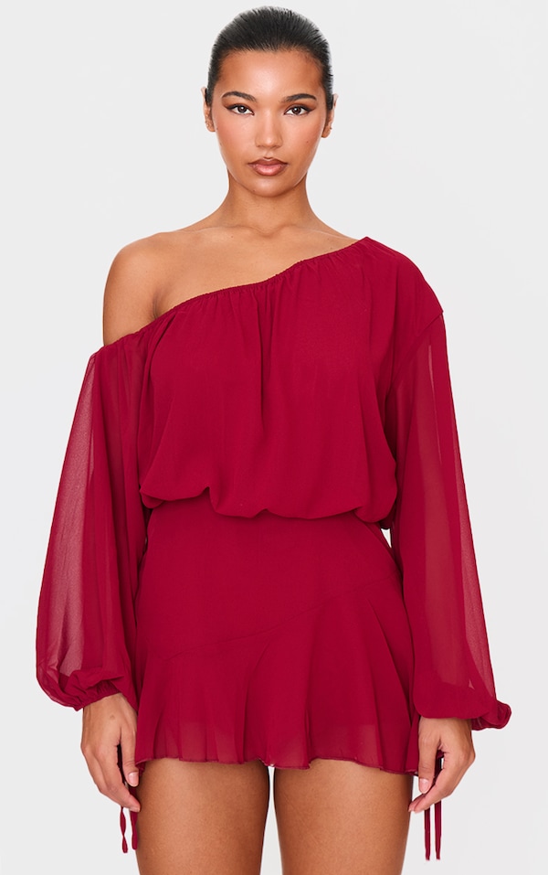Burgundy Chiffon One Shoulder Floaty Detail  Skort Playsuit