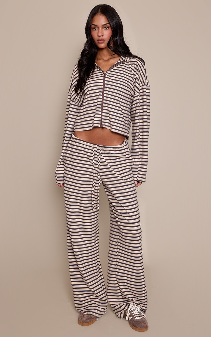 Tall Brown Striped Soft Fleece Zip Up Jacket image 3