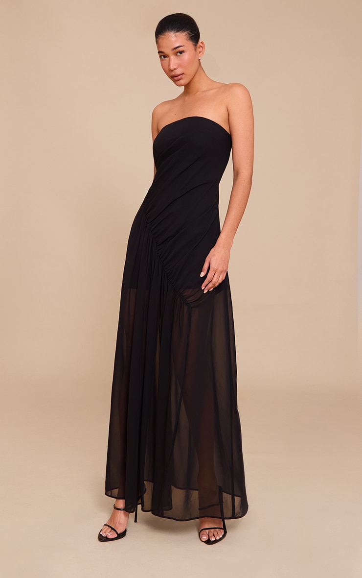 Black Double Layer Mesh Bandeau Asymmetric Ruching Maxi Dress image 1