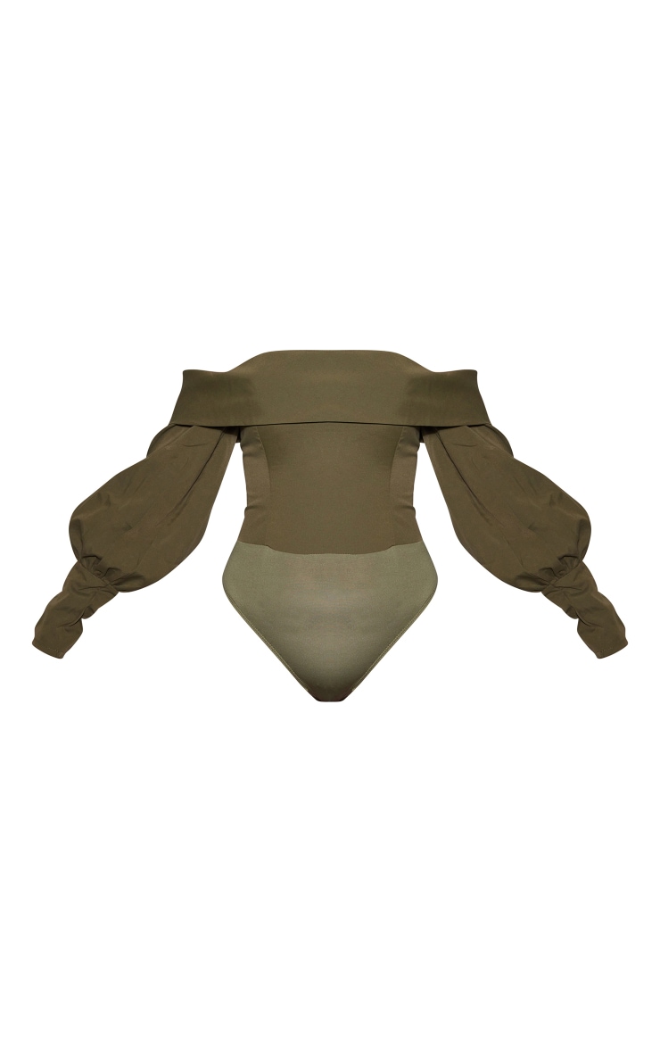 Khaki Woven Bardot Frill Bodysuit image 5