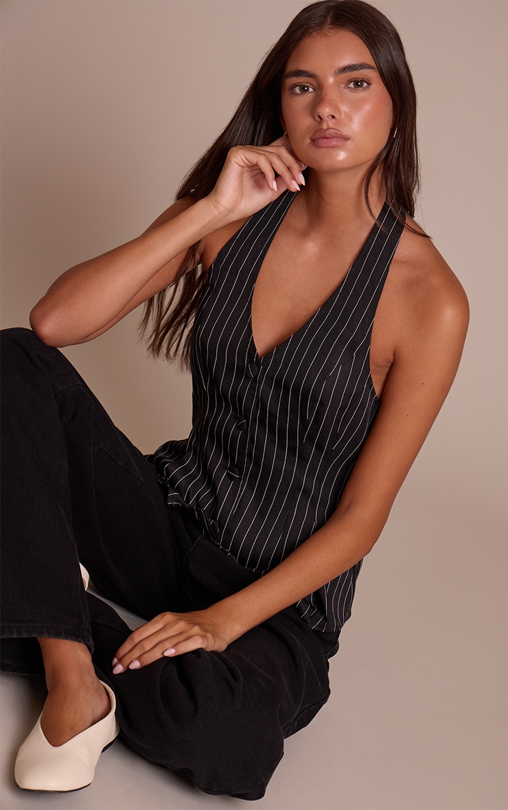 Black Pinstripe Woven Halterneck Button Down Vest image 3