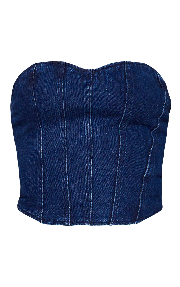 Indigo Blue Wash Seam Detail Denim Corset Top image 5