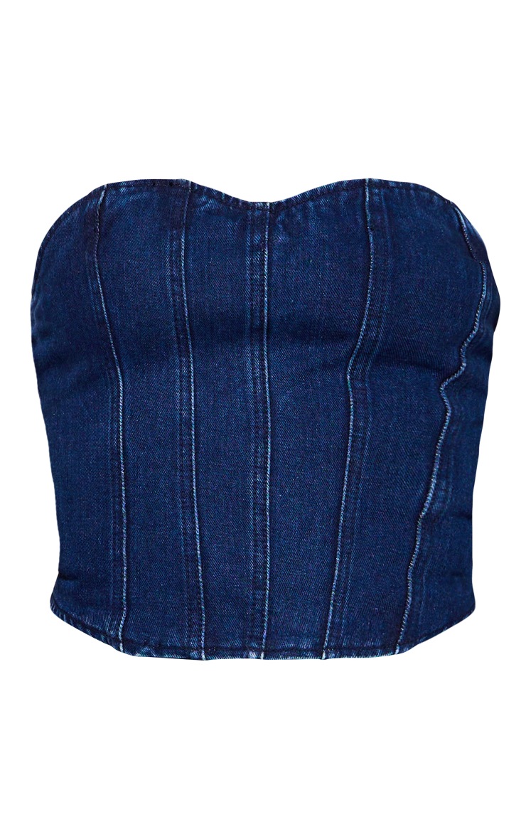 Indigo Blue Wash Seam Detail Denim Corset Top image 5