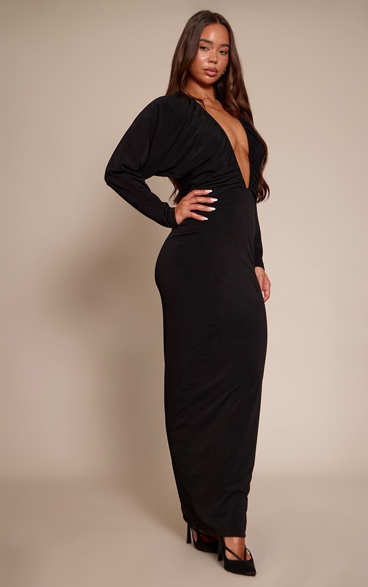 PLT Label Black Slinky Ruched Plunge Batwing Maxi Dress image 3