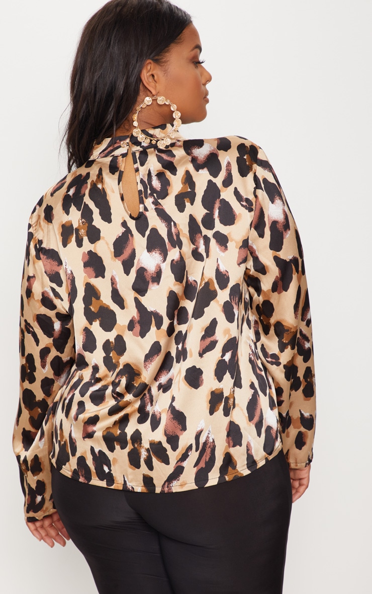 Plus Tan Satin Leopard Print Choker Detail Blouse image 2