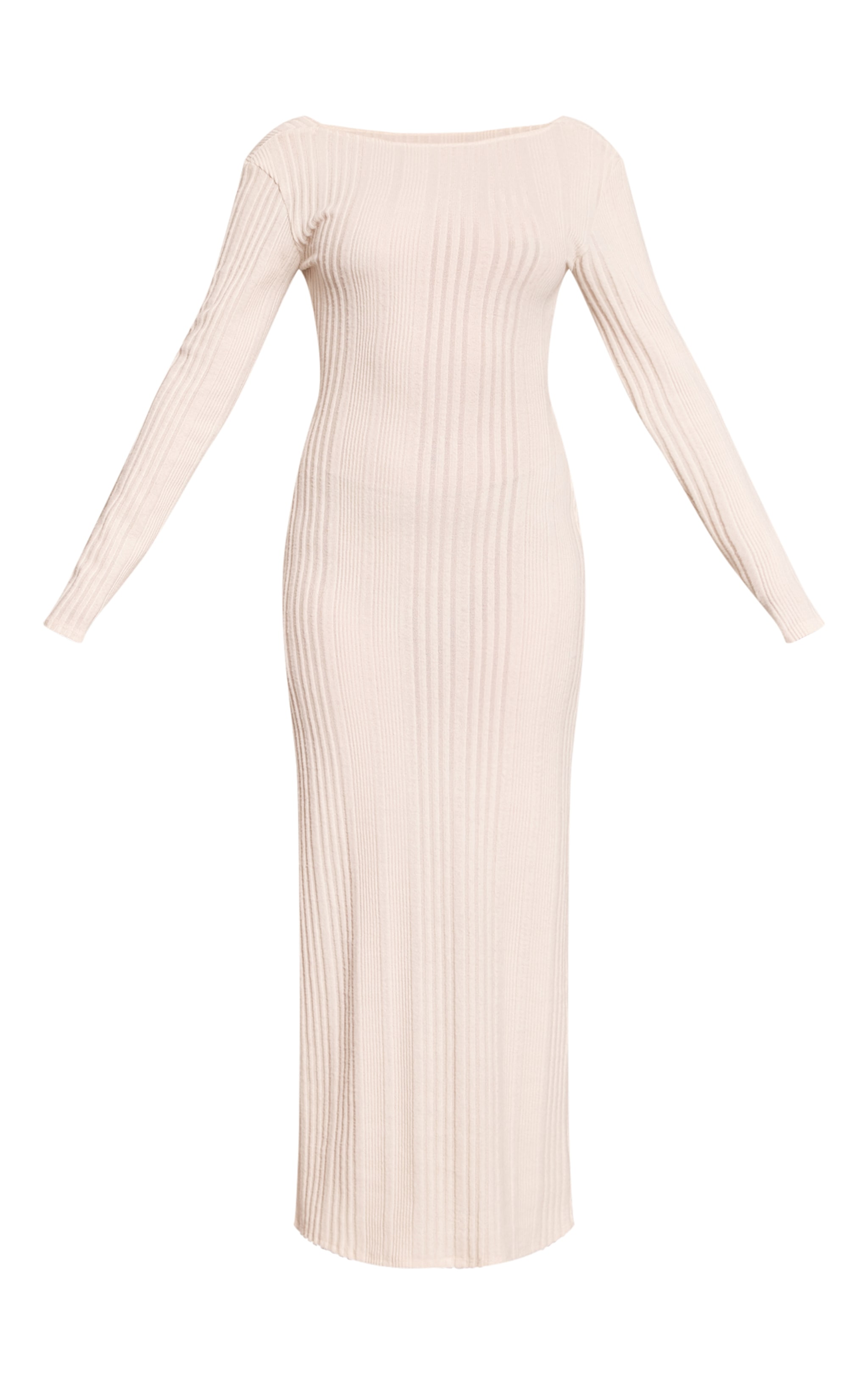 Cream Ribbed Low Back Detail Long Sleeve Maxi Dress image 5