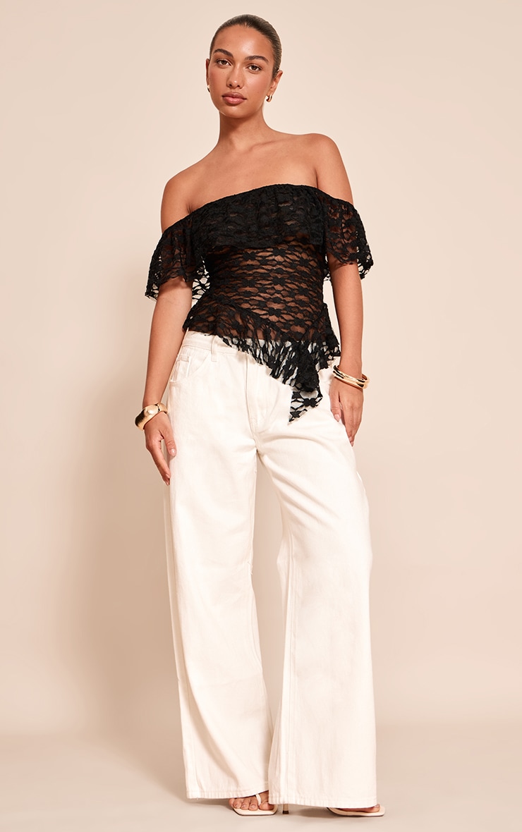 Black Textured Lace Ruffle Drape Detail Long Top image 3